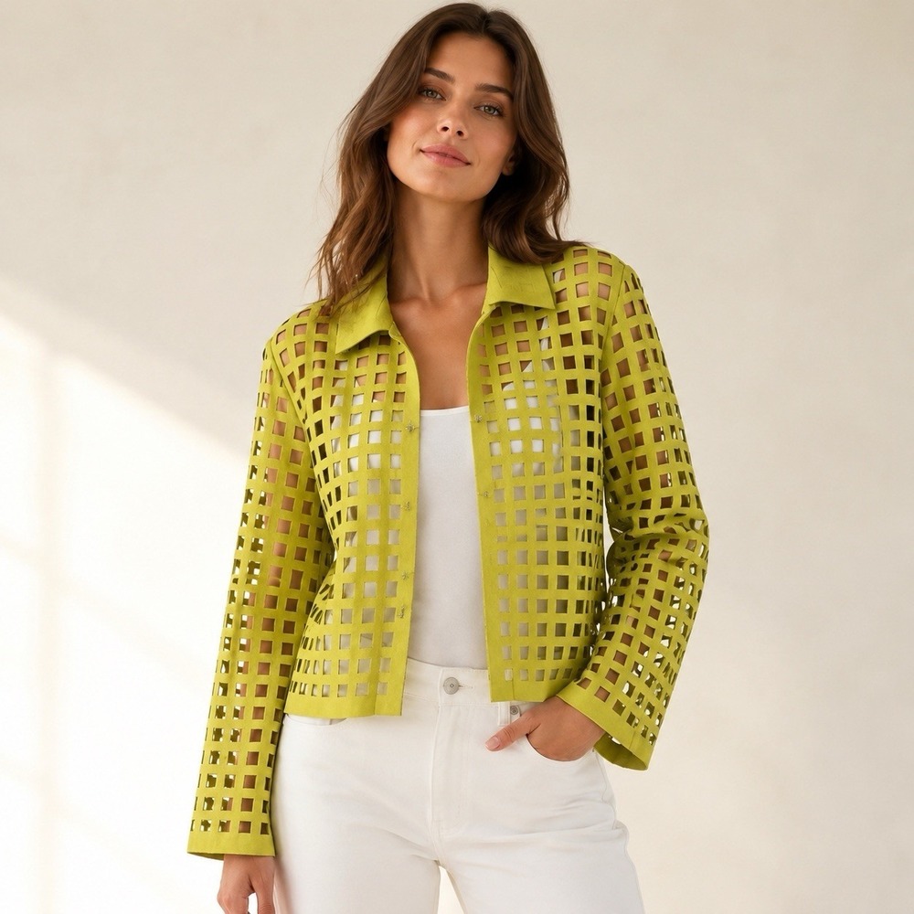 Weavz Lime Green Laser Cut Faux Suede Jacket Geometric Openwork Sz M